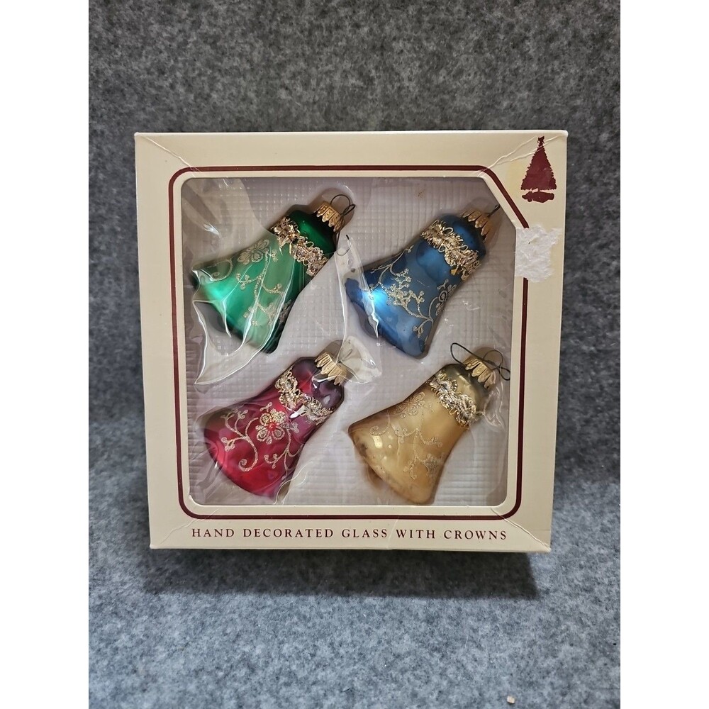 4 VTG 3" KREBS  GLASS BELLS GLITTER ORNAMENTS. Blue, Red, Gold And Green